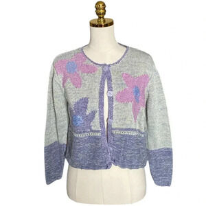 SIGRID OLSEN SPORT | Linen Blend Knitted by Hand Floral Button-up Cardigan Sz PM